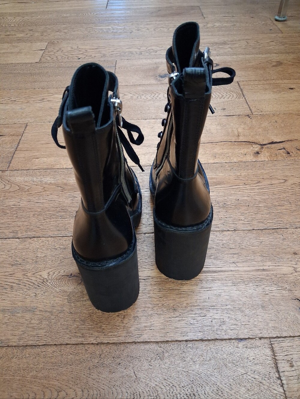 AllSaints Cacey Black Leather Buckle Lace Up Block Heel Combat Boots Size 9 - Picture 4 of 6